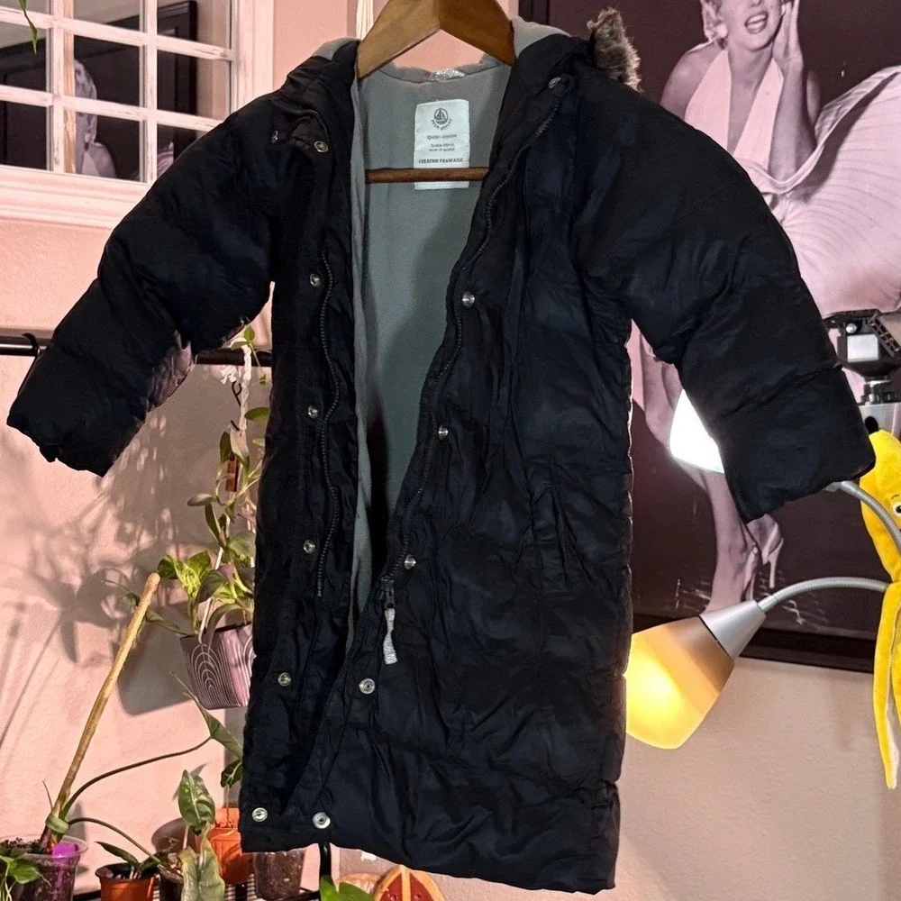 Petit Bateau Puffer Coat Kids 3T Black Faux Fur Hood Fleece Lined Winter Parka